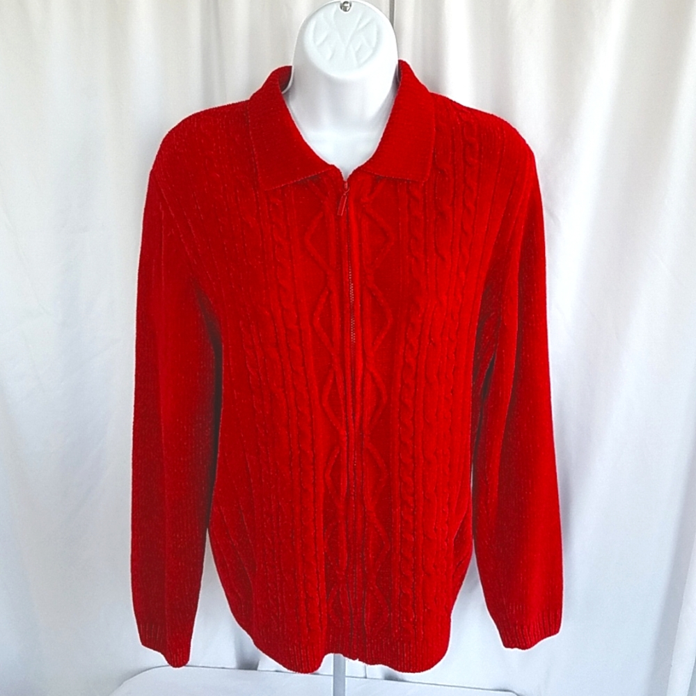 Alfred Dunner Women's Red Chenille Zippered Cardigan Size Medium